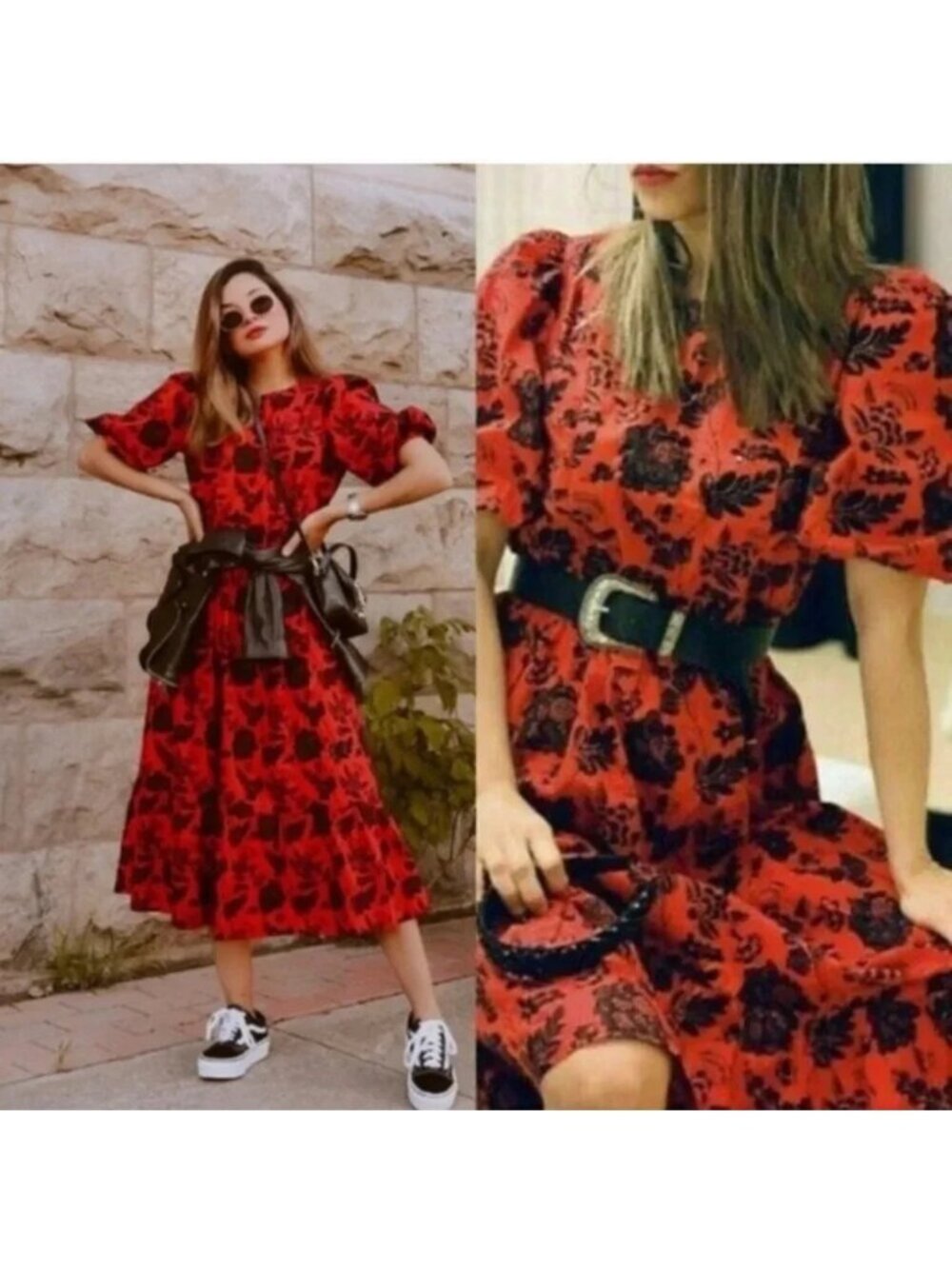 Zara Red Black Floral Sequin Casual Maxi Dress Blogger's Favourite XS